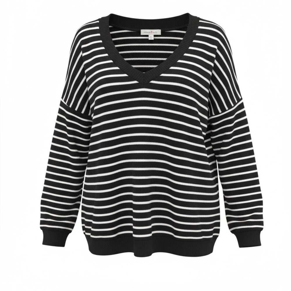 Perfectly Priscilla Black and White Striped V-Neck Sweater - Size Medium